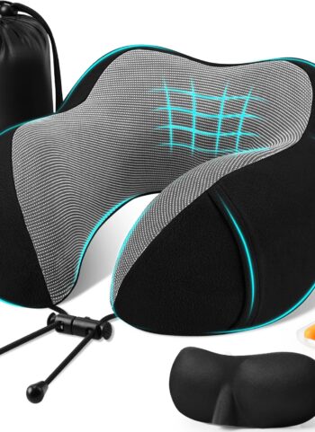CloudBliss Travel Pillow for Airplane, Memory Foam Neck Pillow for Travel, Compact Flight Pillow with Eye Mask, Earplugs, Carry Bag, Travel Neck Pillow for Long Flight Sleep, Plane Accessories, Black